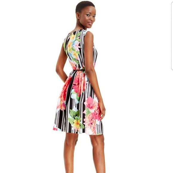 ELLEN TRACY 2 XS Floral Dress Stripe Fit Flare Keyhole Midi 50s Retro 4 S 1950s - Picture 3 of 14